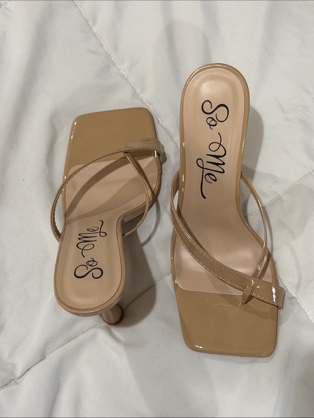 So Me Patent Tan Square-Toe Kitten Heel Sandals